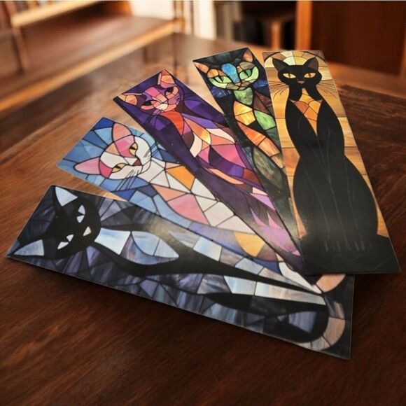 5pcs Stained Glass Black Cat Bookmarks Book Marker Clips Reading Colorful Gift - Picture 3 of 4